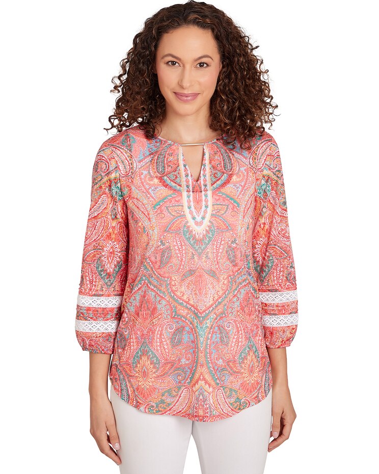 Ruby Rd® Tropical Splash Knit Paisley Top Lace image number 1