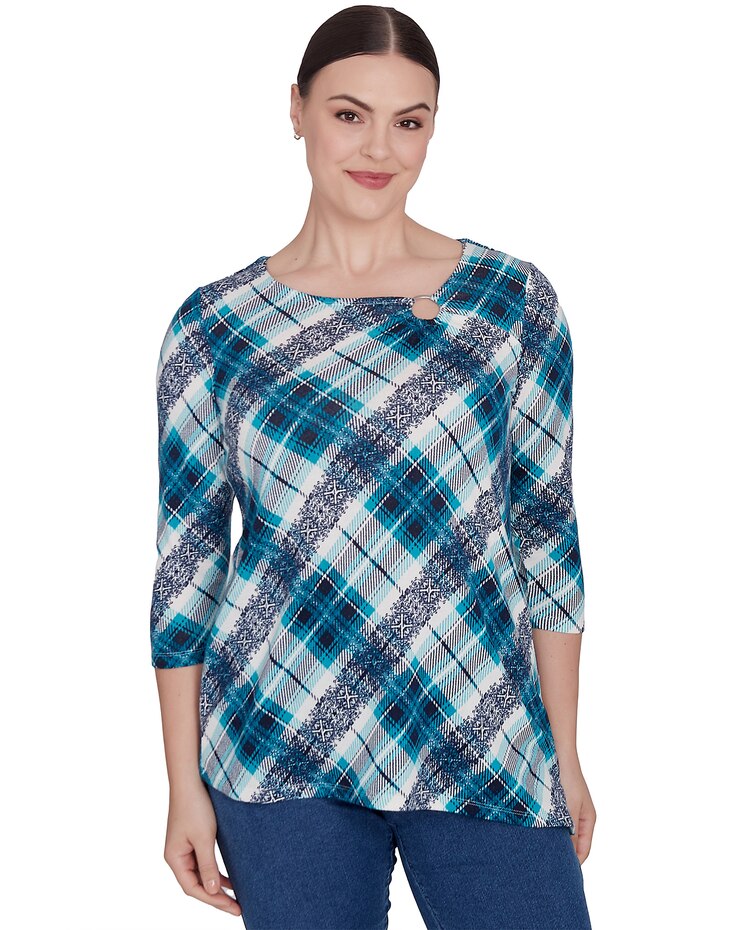 Ruby Rd® Wintery Glow Knit Plaid Hatchi Top image number 1