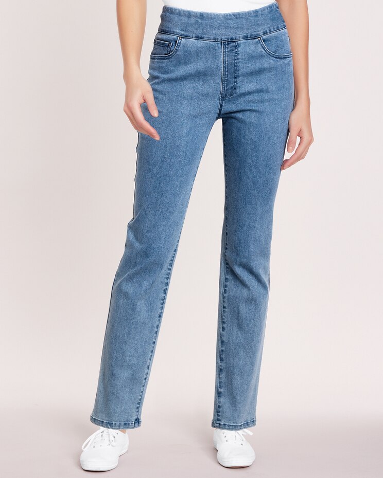 DenimEase Flat-Waist Pull-On Jeans image number 1