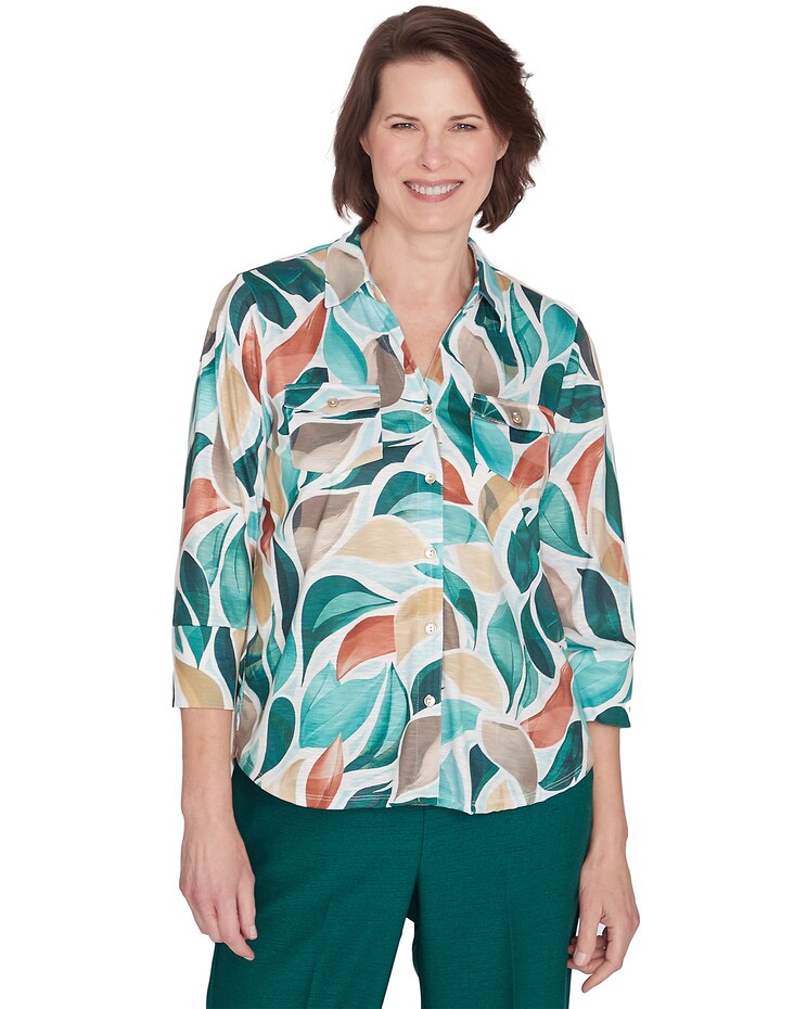 Alfred Dunner® Emerald Isle Abstract Leaf Top with Bell Sleeves image number 1