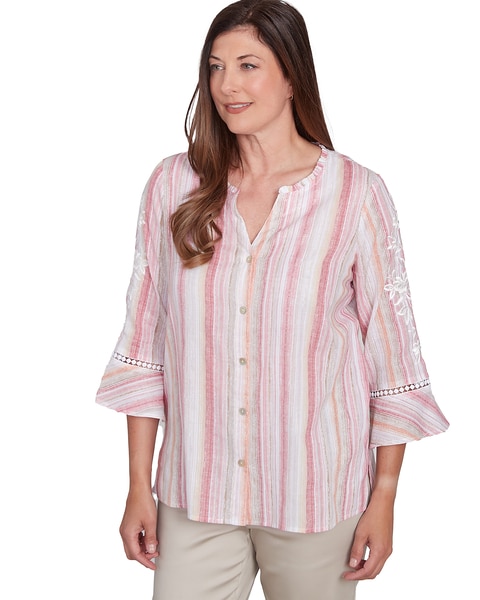 Alfred Dunner® Coming Up Roses Striped Button Down Embroidered Sleeve Top