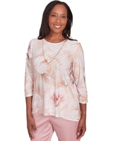 Alfred Dunner® Coming Up Roses Textured Watercolor Flower Top with Necklace thumbnail number 3