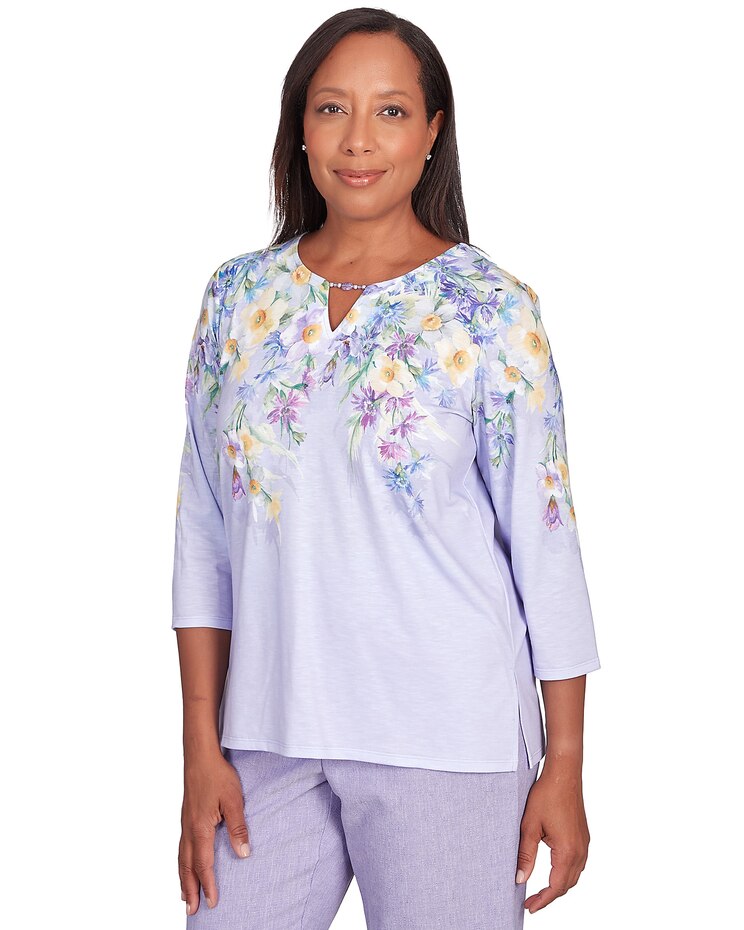 Alfred Dunner® Isn't It Romantic Spring Flower Split Neck Top image number 3