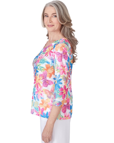 Alfred Dunner® Paradise Island Floral & Butterfly Pleated Ruffle Top