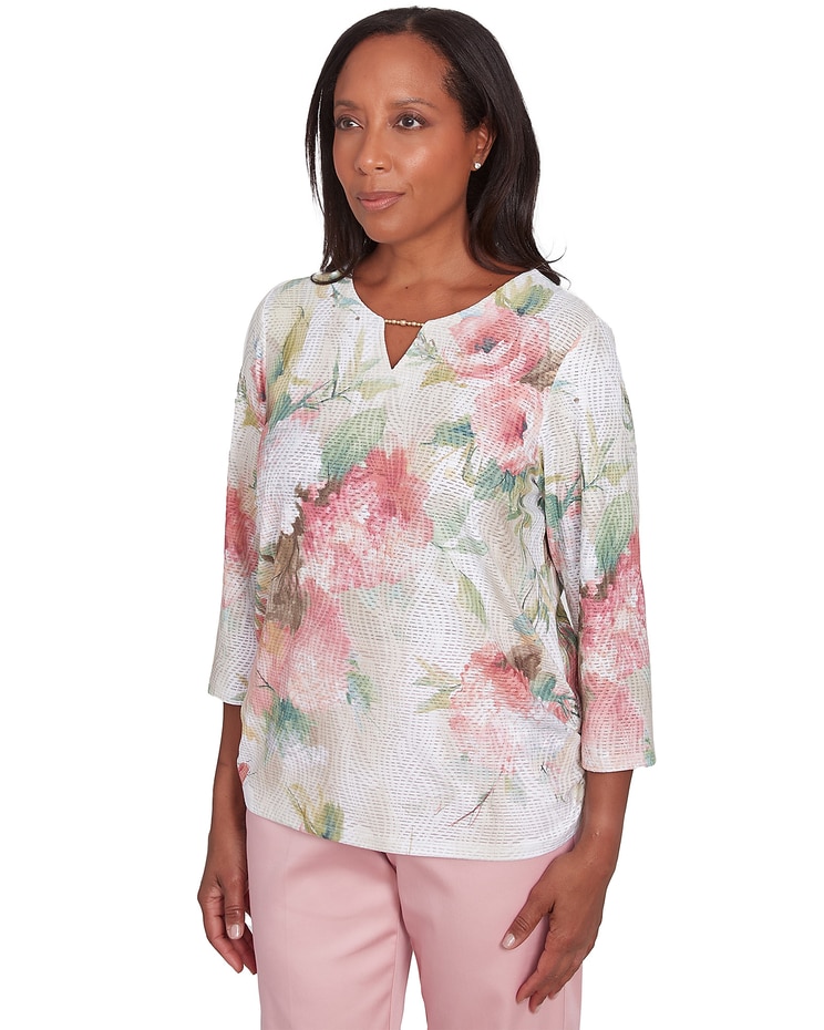 Alfred Dunner® Coming Up Roses Hydrangea Beaded Split Neck Top image number 3