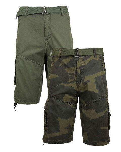 Men's Belted Cargo Shorts With Twill Flat Front Washed Utility Pockets-2 Pack