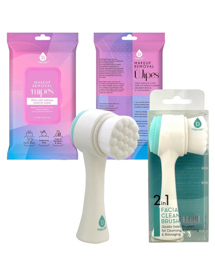 Pursonic Radiant Beauty Bundle: Dual-Sided Facial Cleansing Brush & Makeup Removal Wipes (12 Pack) image number 1