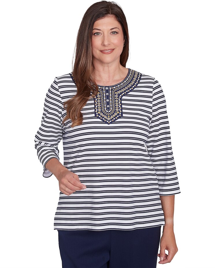 Alfred Dunner® Block Island Striped Top with Embroidered Neckline image number 1