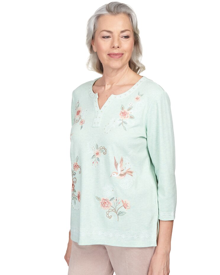 Alfred Dunner® St.Moritz Floral Hummingbird Embroidery Split Neck Top image number 3