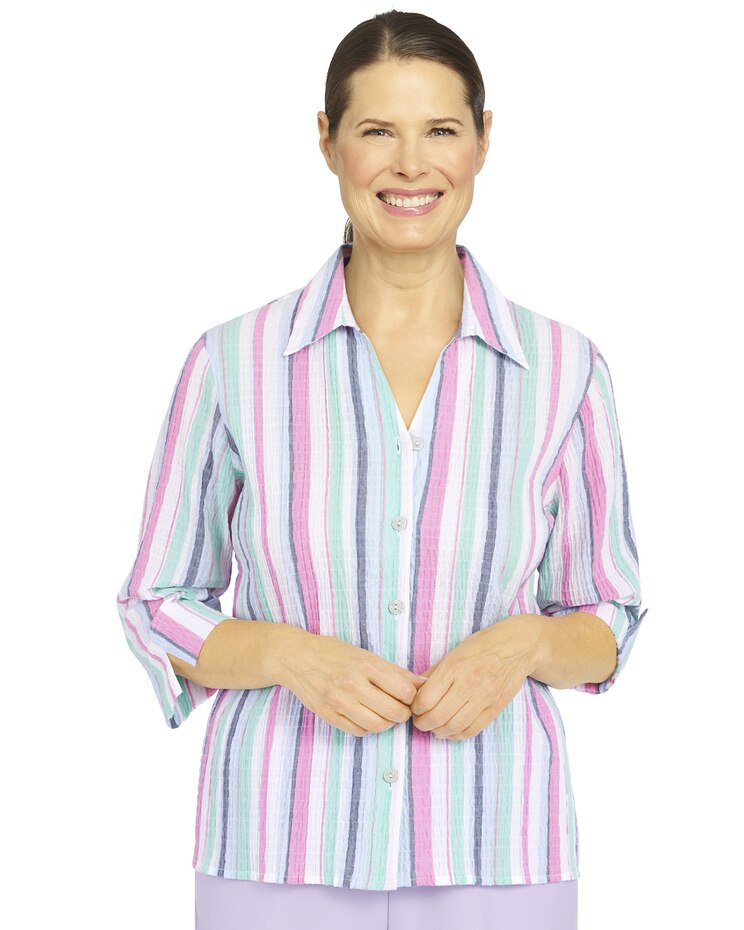 Alfred Dunner® Classic Crinkle Stripe 3/4 Sleeve Button Down Shirt image number 1