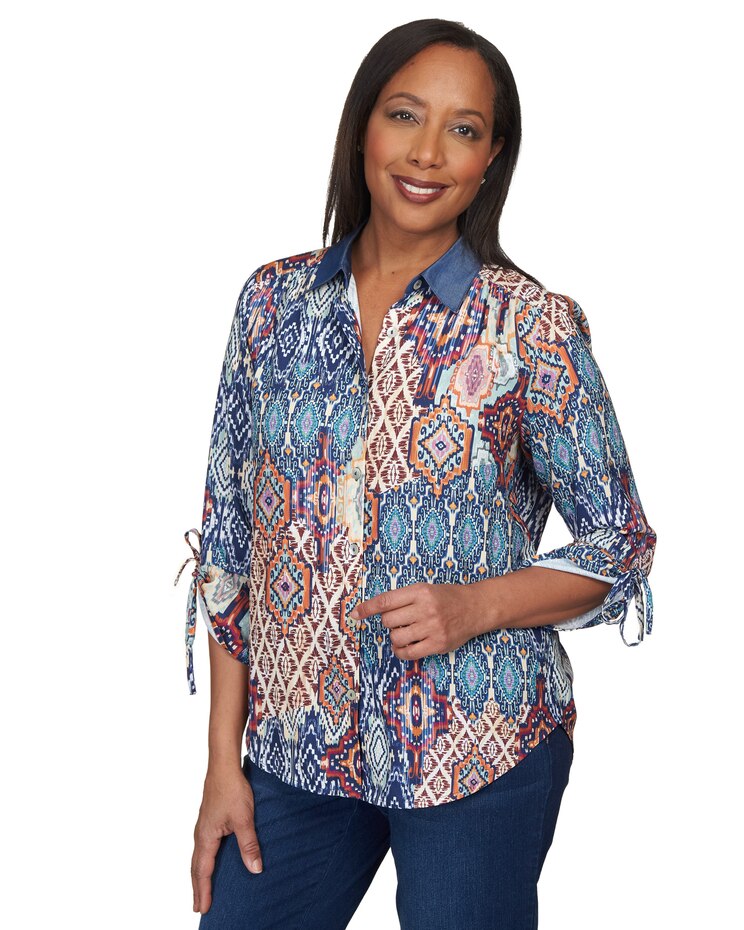 Alfred Dunner® Autumn Weekend Medallion Patch Tie Sleeve Button Up Top image number 3