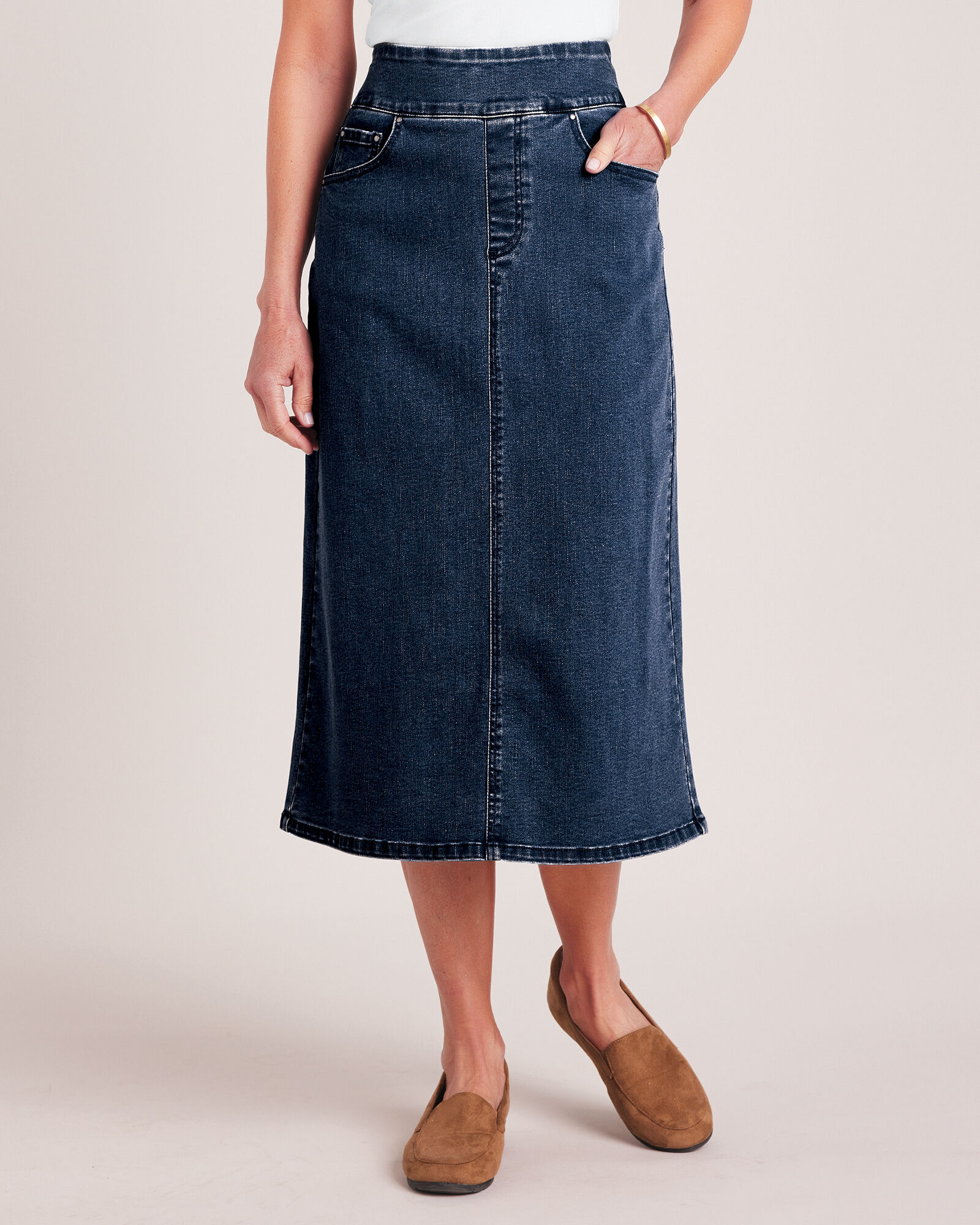 DenimEase Flat Waist Midi Skirt Blair