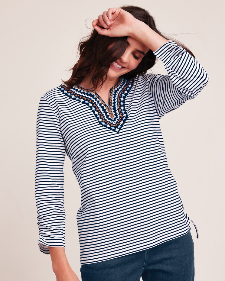 Alfred Dunner® Moody Blues Embroidered Neckline Stripe Top image number 4