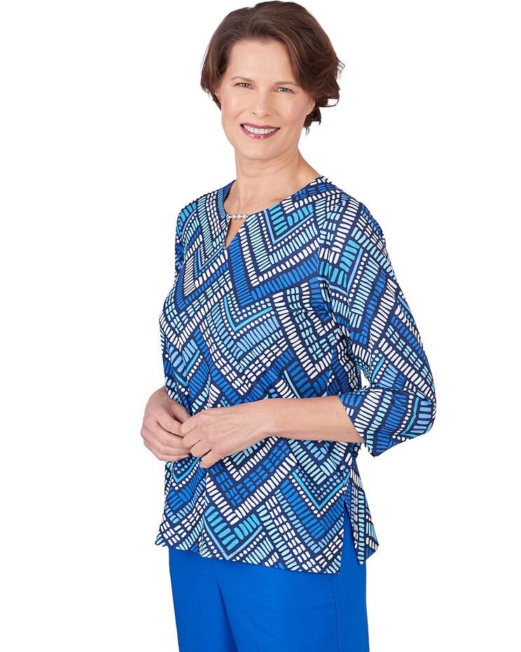 Alfred Dunner® Tradewinds Geometric Tile Split Neck Top image number 3