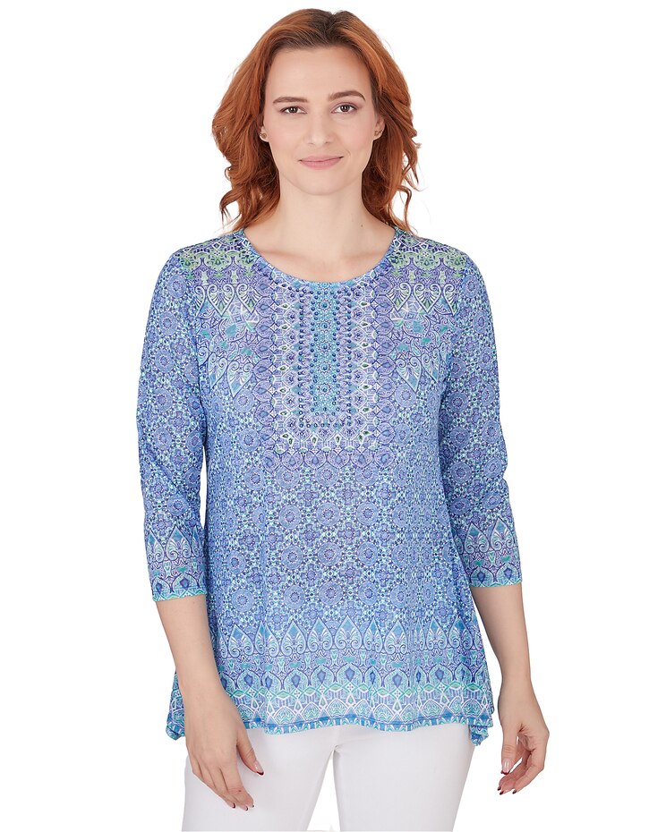 Ruby Rd® Bali Blue Knit Emb Geo Top image number 1