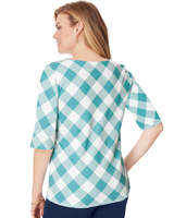 Elbow-Length Sleeve Gingham Check Boatneck Top thumbnail number 2