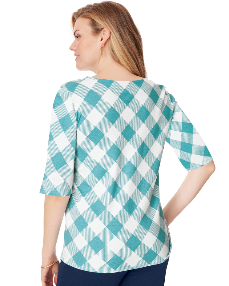 Elbow-Length Sleeve Gingham Check Boatneck Top image number 2