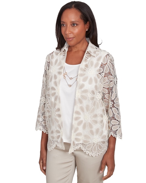 Alfred Dunner® Coming Up Roses Medallion Lace Two In One Top with Necklace