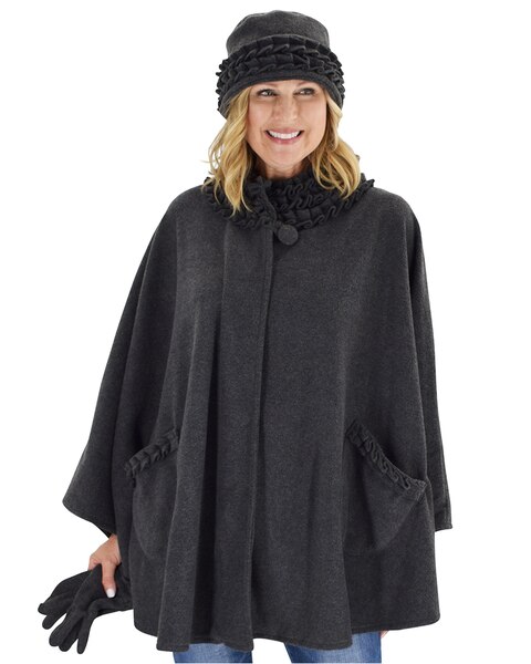 Ruffle Trim Fleece Wrap, Glove & Hat Set