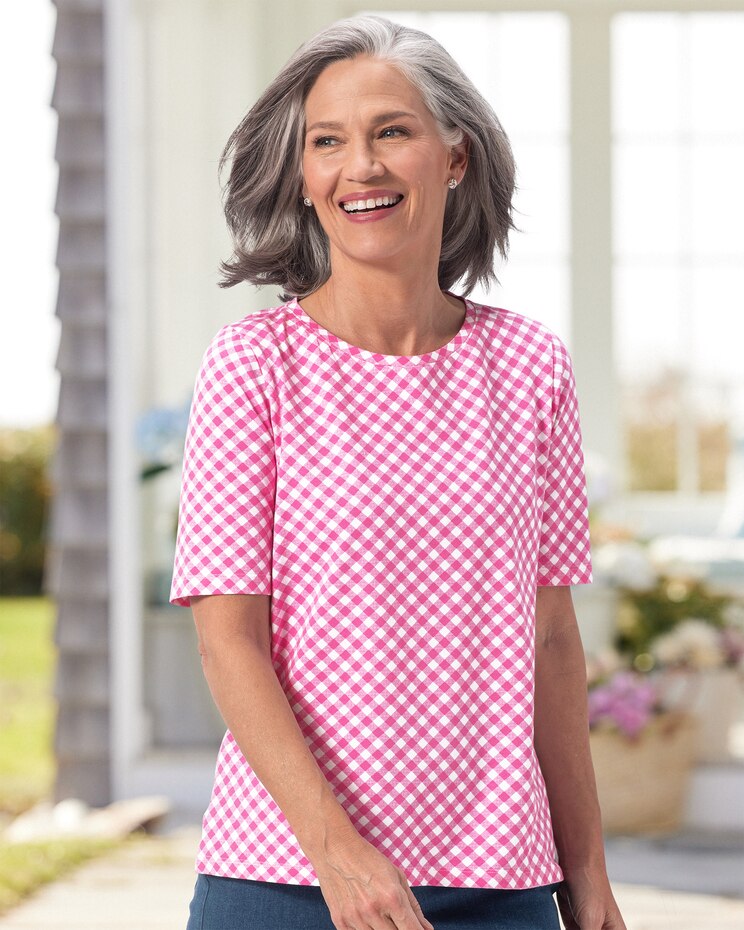 Gingham-Print Elbow-Sleeve Tee image number 1