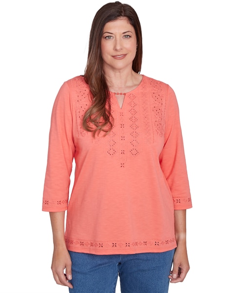 Alfred Dunner® Free Spirit Solid Cut Out Beaded Split Neck Top