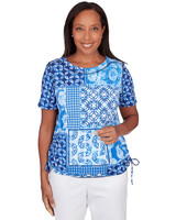Alfred Dunner® Blue Bayou Patchwork Ikat T-Shirt with Side Ruching | Blair