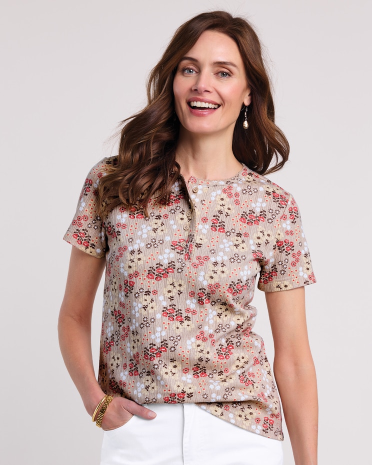 Print Short Sleeve Pointelle Henley Top image number 1