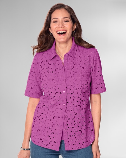 Cotton Eyelet Elbow-Sleeve Shirt