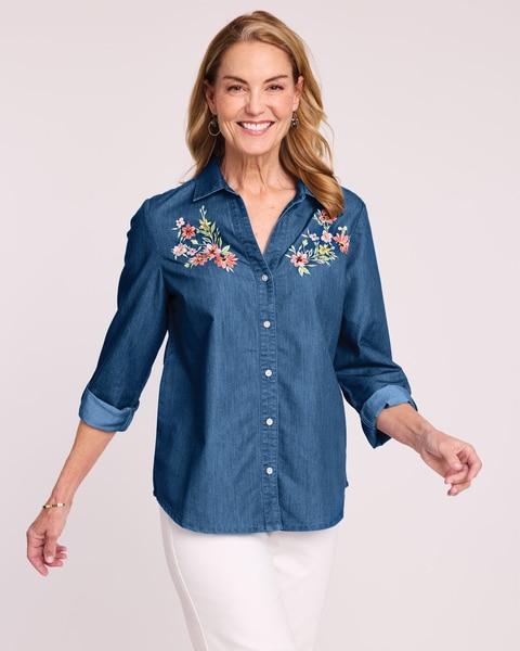 DenimLite Embroidered Button-Up Shirt