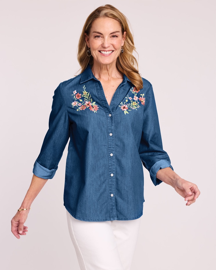 DenimLite Embroidered Button-Up Shirt image number 1