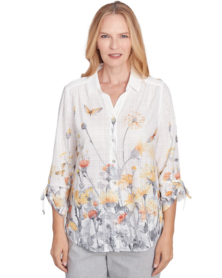 Alfred Dunner® Dress Code Button Down Butterfly Floral Top with Necklace image number 1