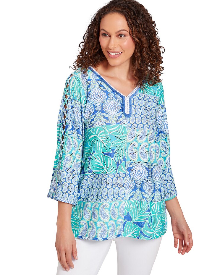 Ruby Rd® Bali Blue Knit Knit Eyelet Top image number 1