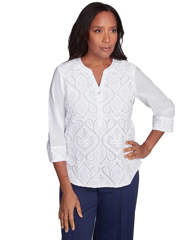 Alfred Dunner® Nantucket Lace Scroll Solid Henley Top image number 1