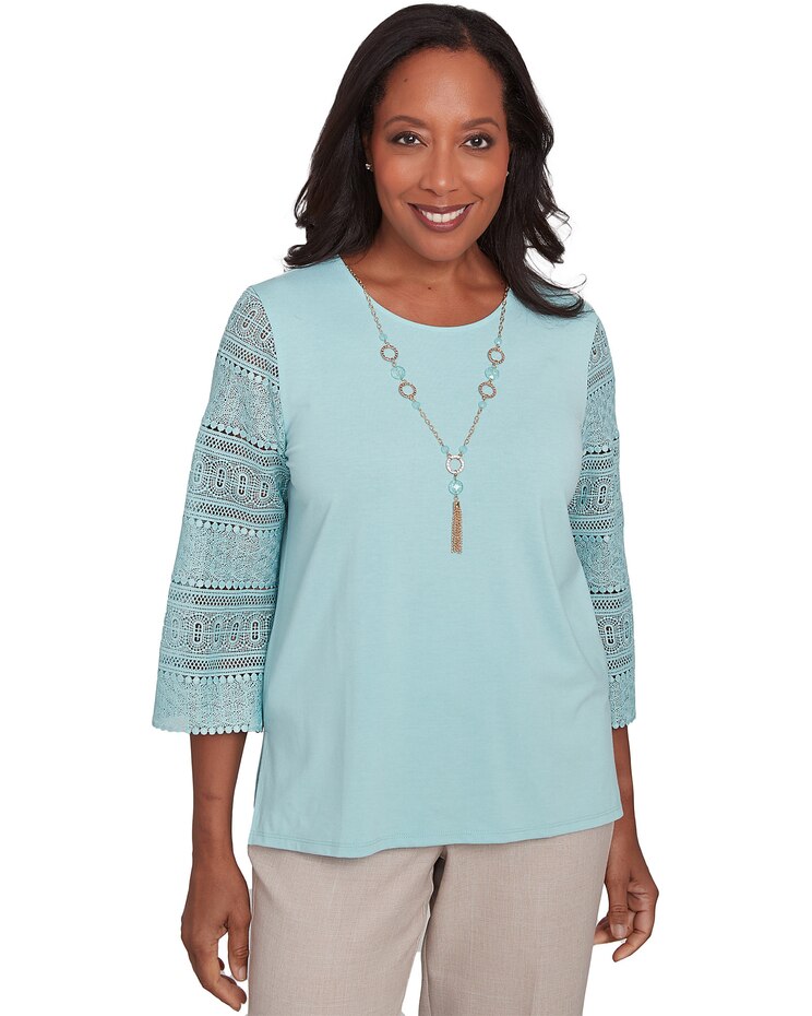 Alfred Dunner® Kensington Gardens Solid Lace Sleeve Knit Top with Necklace image number 1