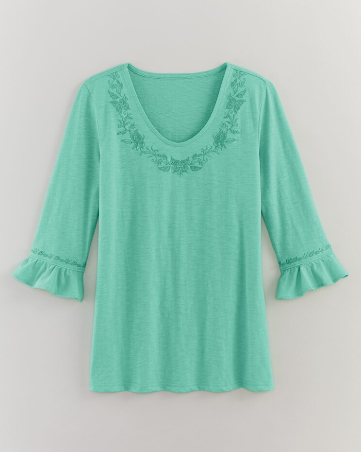 Slub Knit Flounce Embroidered Top image number 1