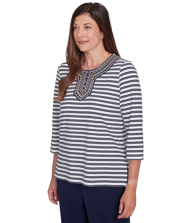 Alfred Dunner® Block Island Striped Top with Embroidered Neckline image number 3