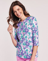 Three-Quarter Sleeve Anytime Tee - Lavender Watercolor Floral