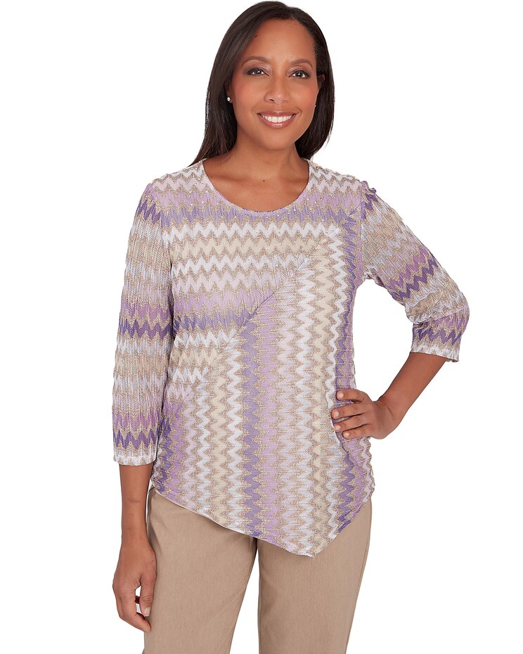 Alfred Dunner® Charm School Sparkling Zig Zag Stripe Top image number 1