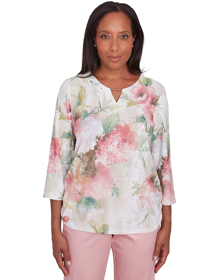 Alfred Dunner® Coming Up Roses Hydrangea Beaded Split Neck Top image number 1