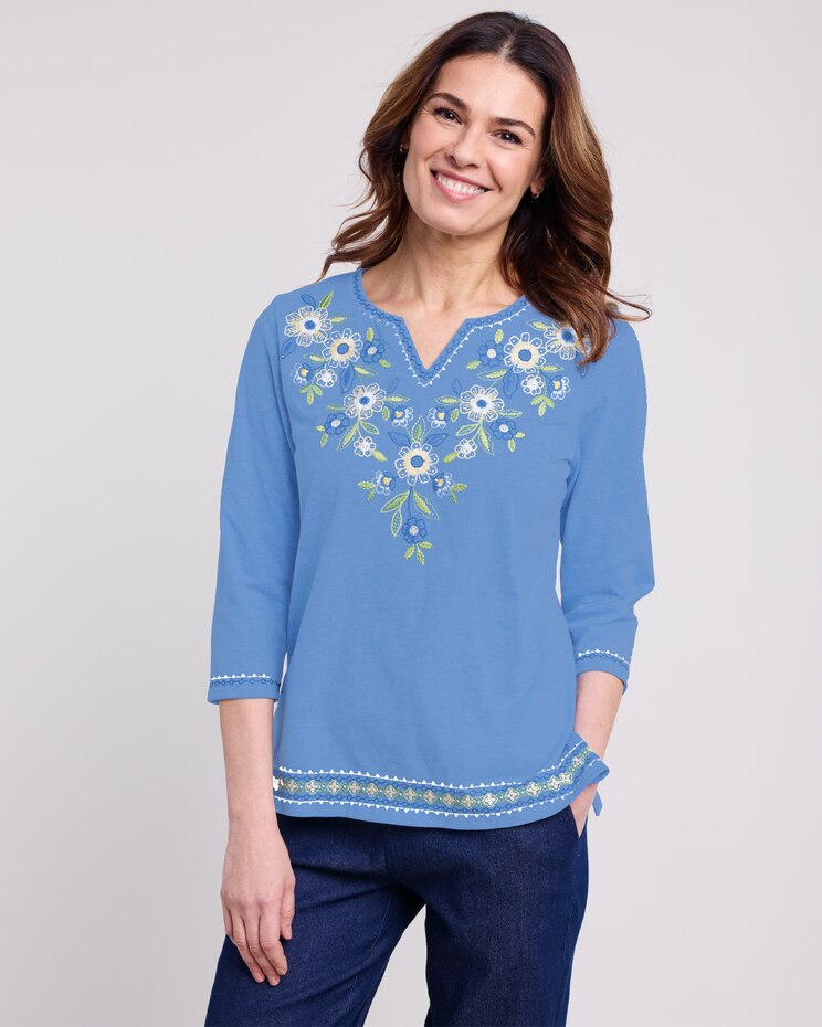 Alfred Dunner® Flower Power Embroidered Daisy Yoke Knit Top image number 1
