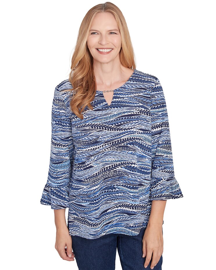Alfred Dunner® Classics Beaded Split Neck Feathers Top image number 1