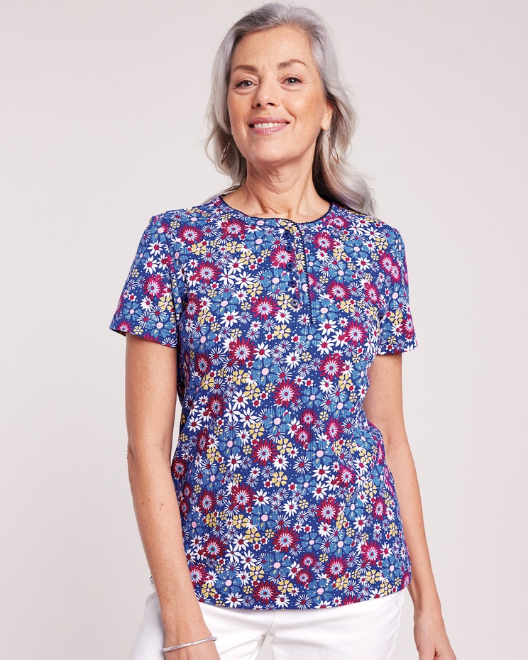 Print Short Sleeve Pointelle Henley Top image number 1