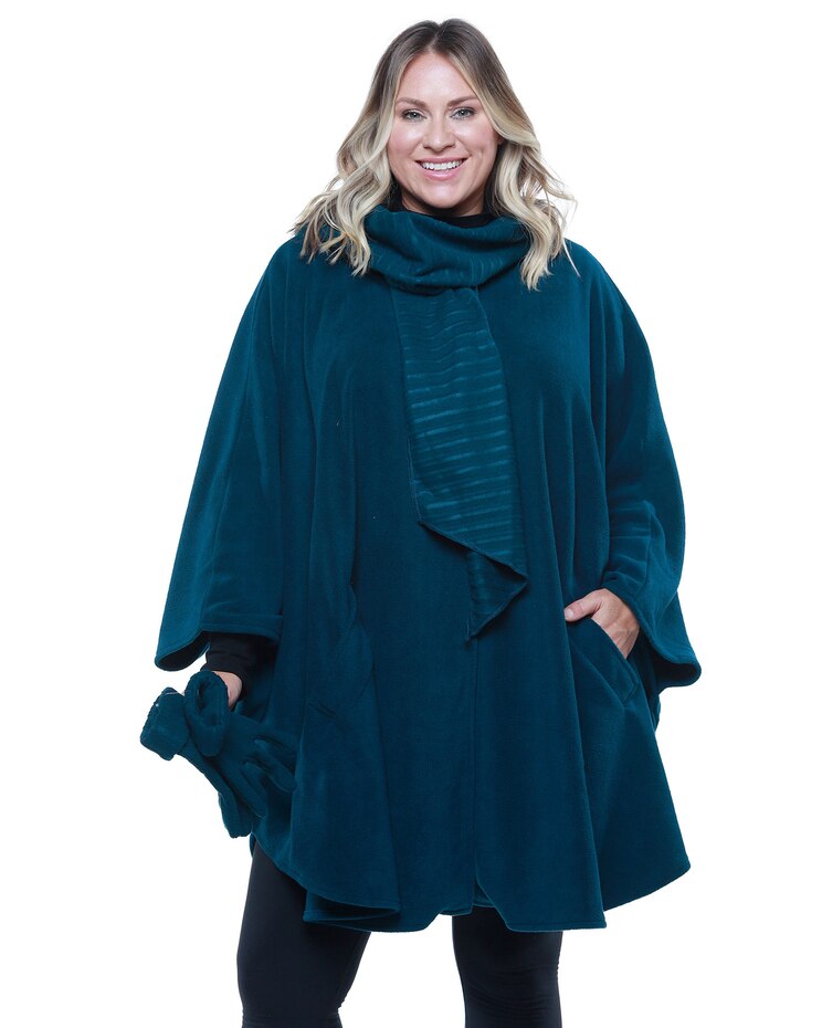 Fleece Wrap w/ Pleated Scarf & Gloves Set image number 1