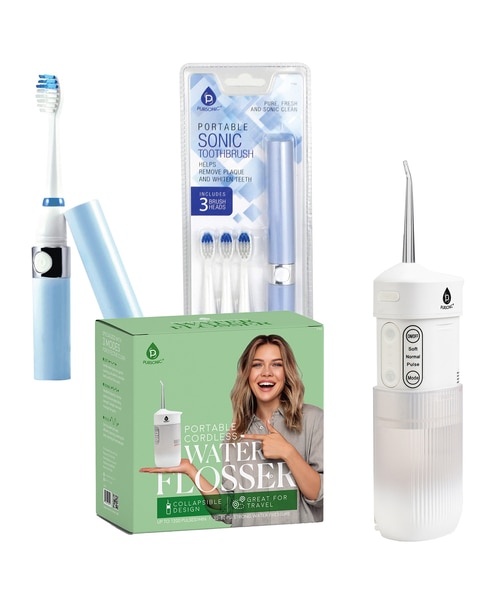 Pursonic Compact Travel Oral Care Bundle: Portable USB Rechargeable Collapsible Water Flosser and Pursonic Portable Sonic Toothbrush