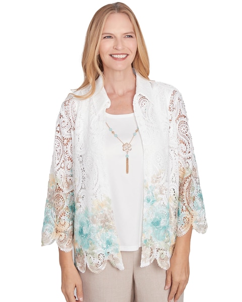 Alfred Dunner® Kensington Gardens Two in One Lace Floral Top with Necklace