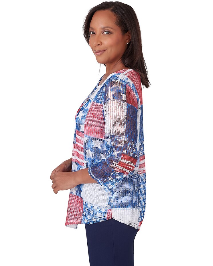 Alfred Dunner® All American Patchwork Flag Mesh Top With Necklace image number 4