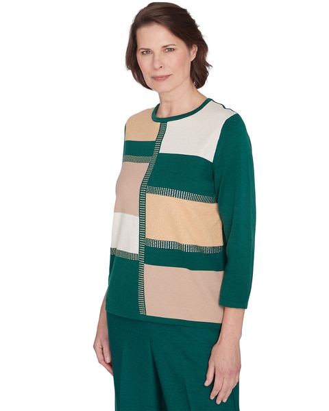 Alfred Dunner® Emerald Isle Color blocking Gold Trim Sweater