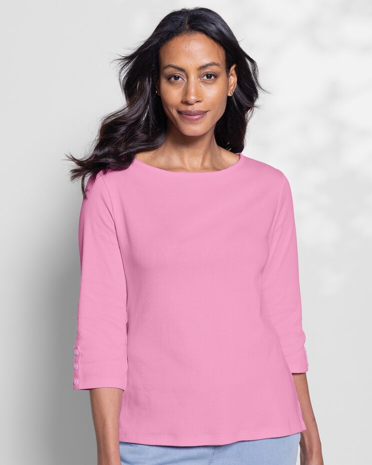 Coastal Cotton Three-Quarter-Sleeve Solid Bateau-Neck Tee image number 1