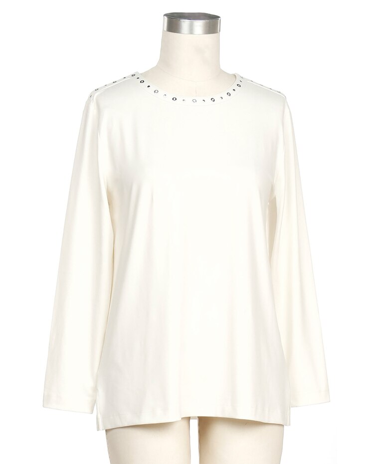 N Touch World Of Good Long Sleeve Solid Embellishment Neck Top image number 1