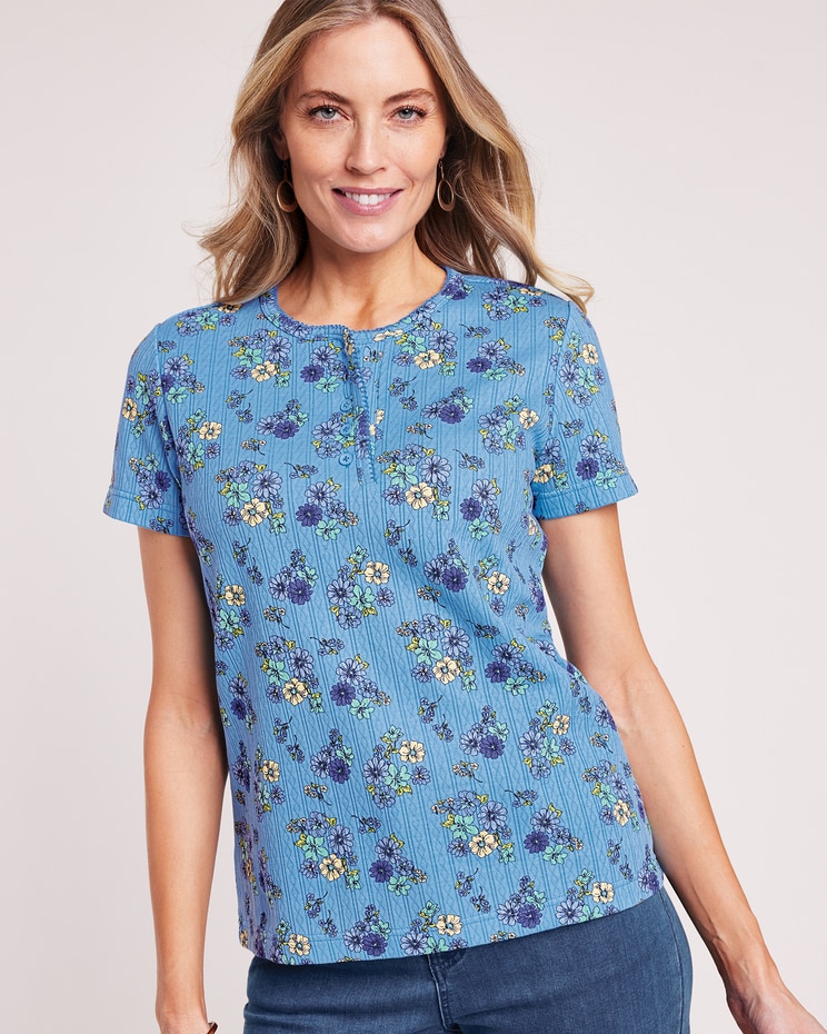 Print Short Sleeve Pointelle Henley Top image number 1
